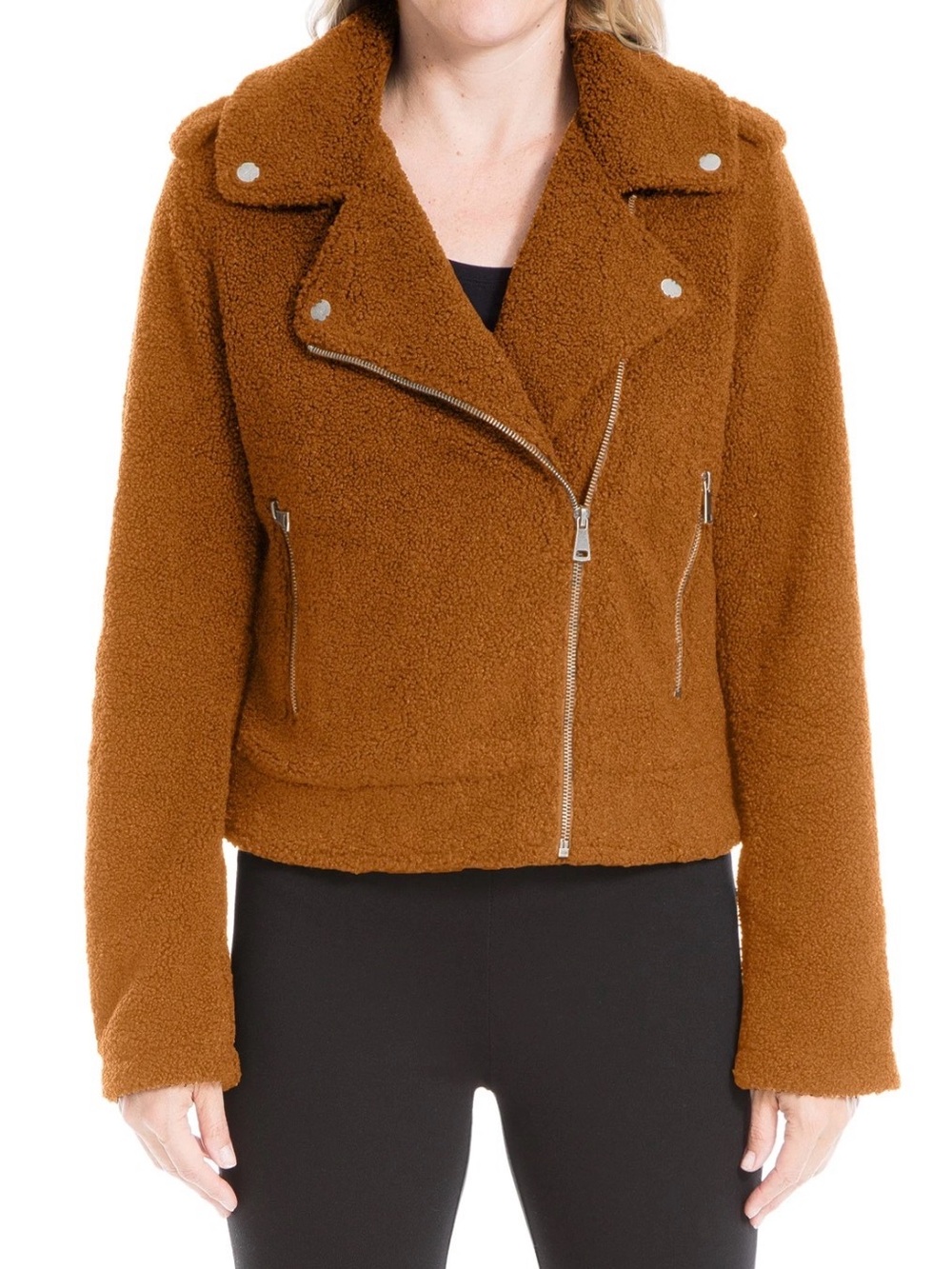 Max Studio Brown Faux Fur Teddy Moto Jacket Boxy Fall Boho Y2K Preppy Academia